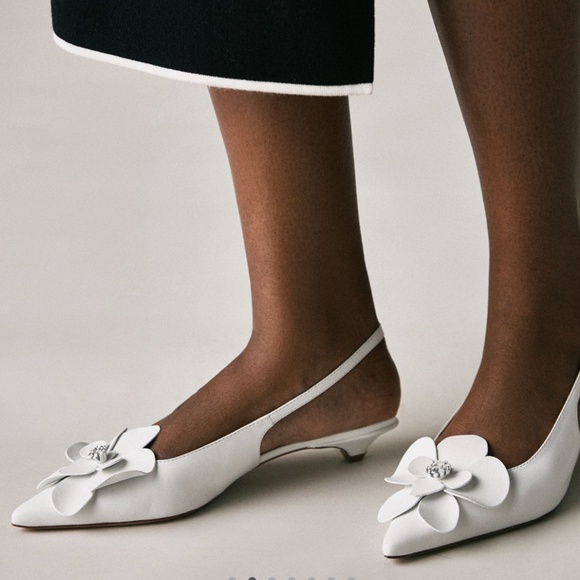 NWT: White Leather Slingback Kitten Heels w Floral Adornments (38 EU) by Maeve - Picture 1 of 8